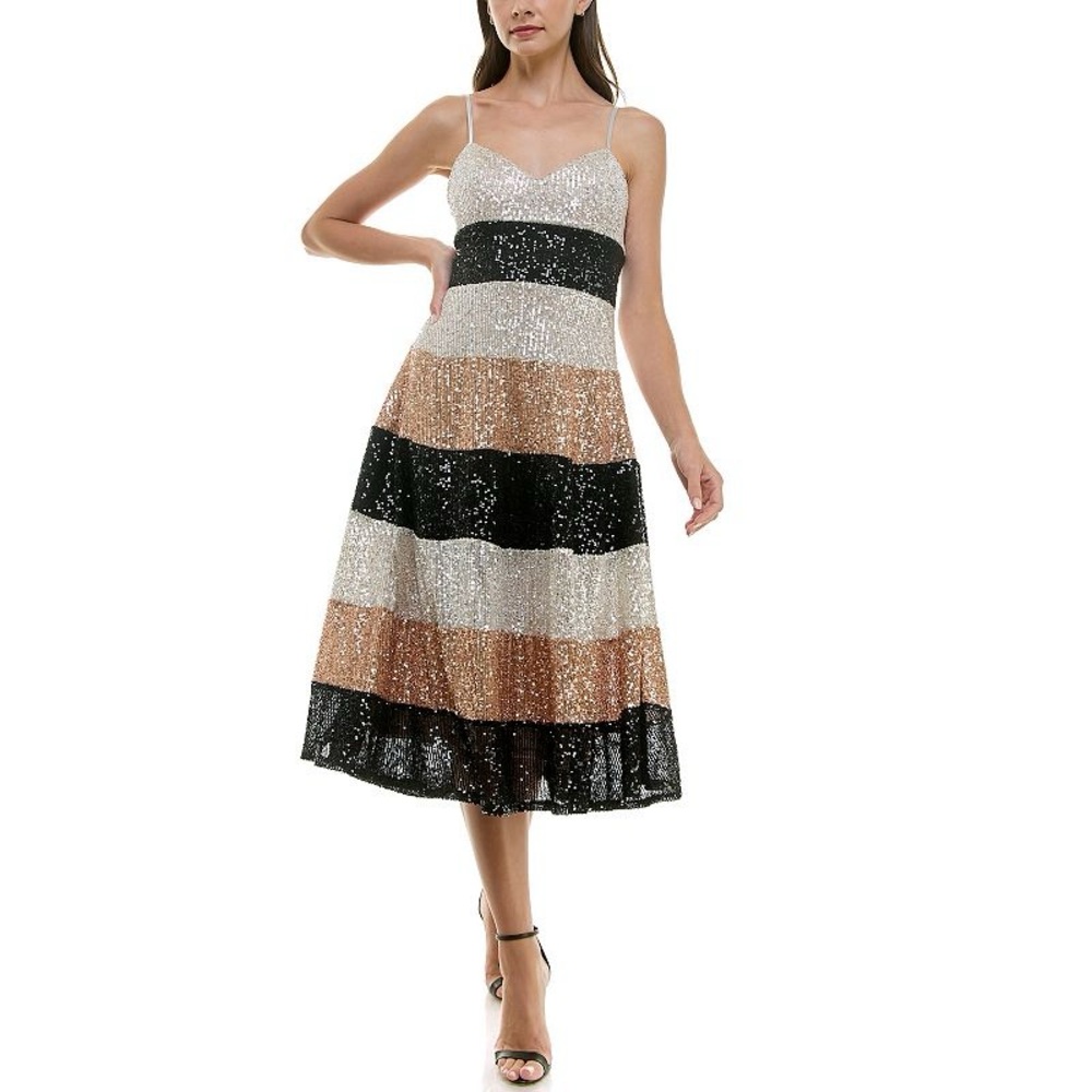 Maison Tara Color Blocked Sequin Midi Dress